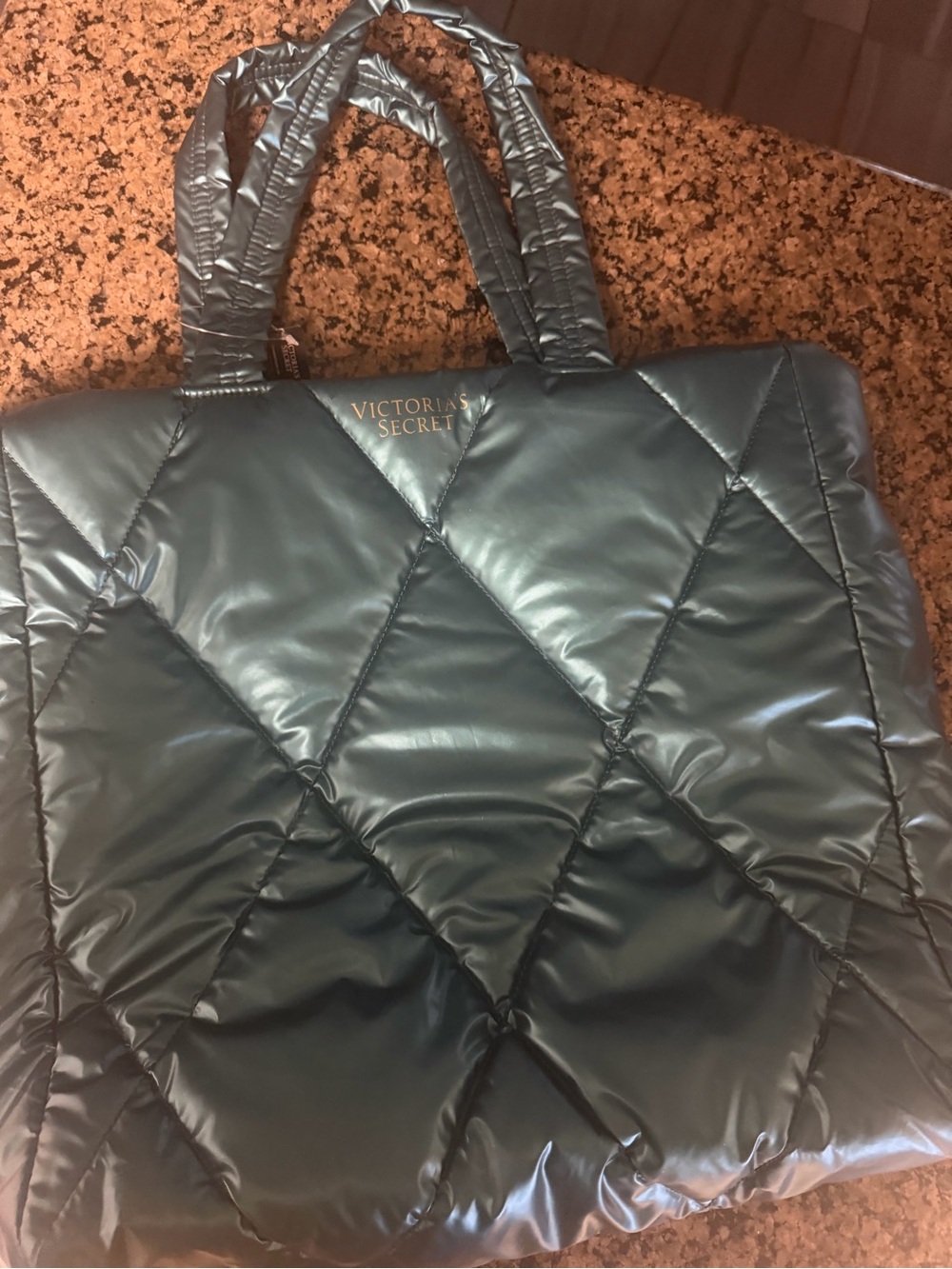 Victoria's Secret Quilted Shiny Teal Green Tote